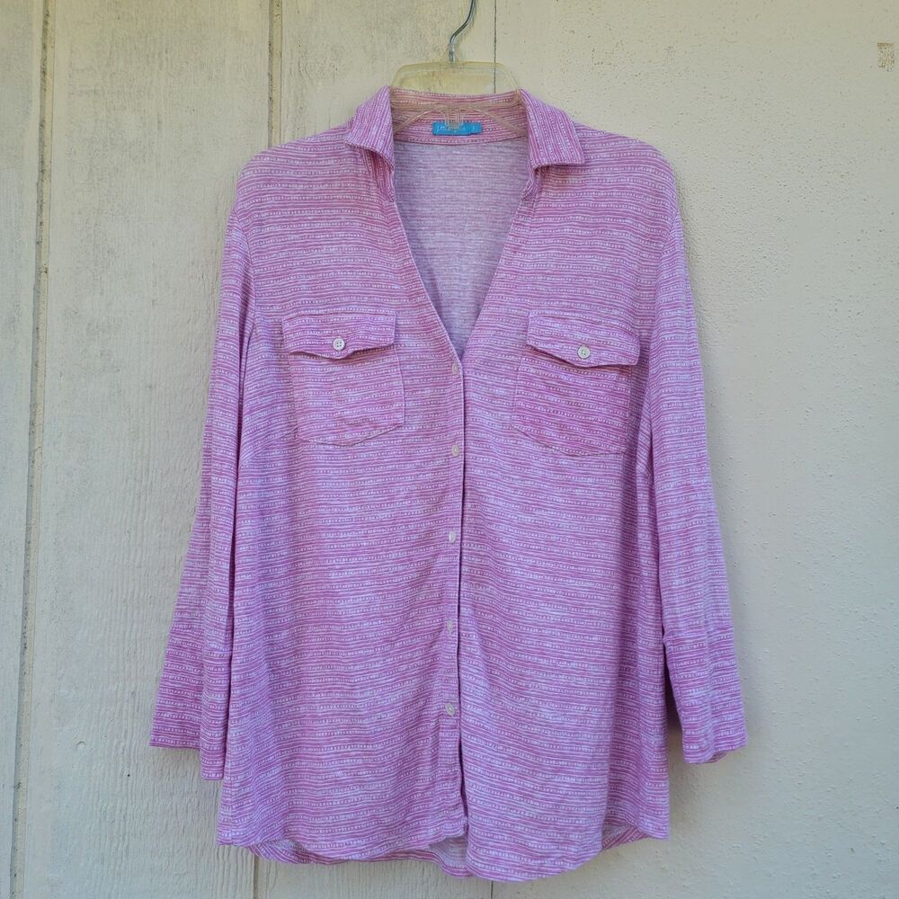J. McLaughlin Casual Pink & White Striped Linen blend Button Down Shirt Sz S
